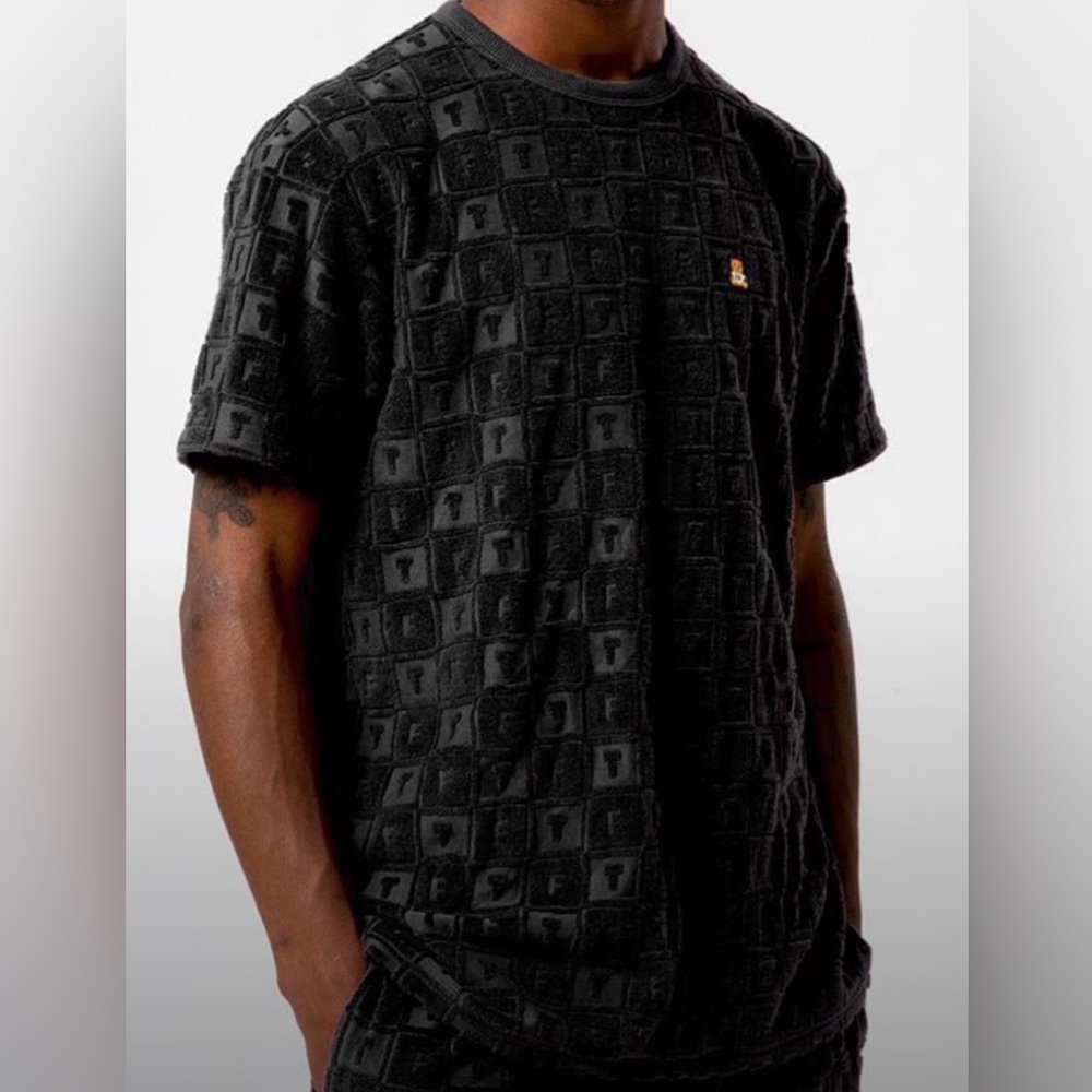 Teddy Fresh Terry Jacquard Men T-Shirt Black Crew Neck Short Sleeve